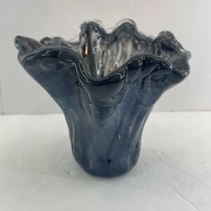 Vintage Murano Style Handkerchief Art Glass Vase Gray‎ Copper Fleck Ruffle